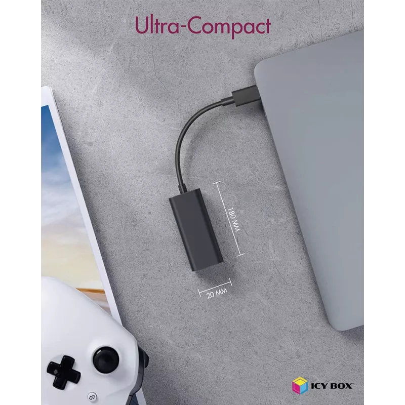 ICY BOX USB 3.0 A-Typ auf RJ-45 Ethernet-Port, Kabelgebunden, USB, Ethernet, 1000 Mbit/s, Schwarz