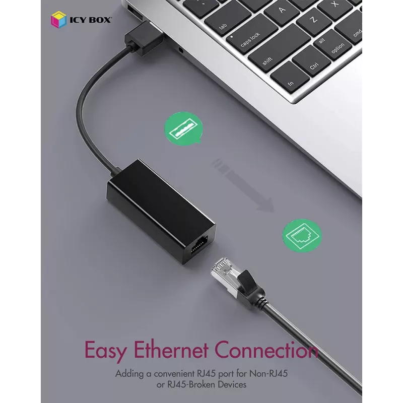 ICY BOX USB 3.0 A-Typ auf RJ-45 Ethernet-Port, Kabelgebunden, USB, Ethernet, 1000 Mbit/s, Schwarz