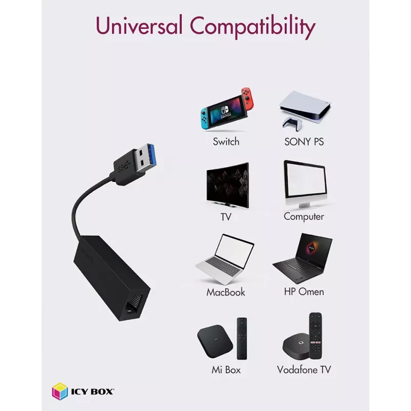 ICY BOX USB 3.0 A-Typ auf RJ-45 Ethernet-Port, Kabelgebunden, USB, Ethernet, 1000 Mbit/s, Schwarz