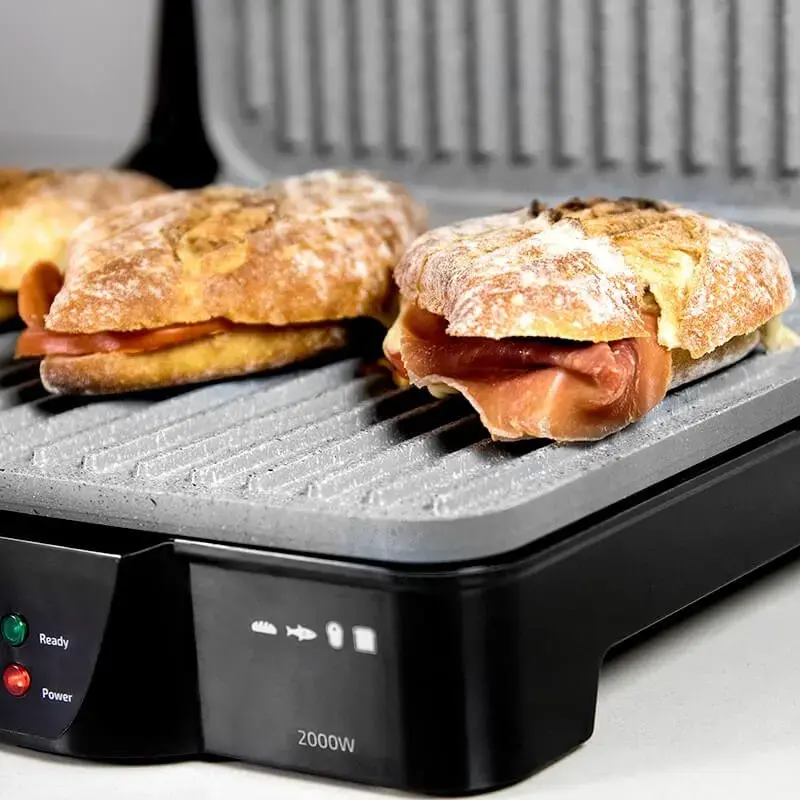 Kontaktgrill CECOTEC Rock'nGrill 2000 — 2000 W, rechteckig, schwarz/Edelstahl, einstellbarer Thermostat, 340×330×130 mm