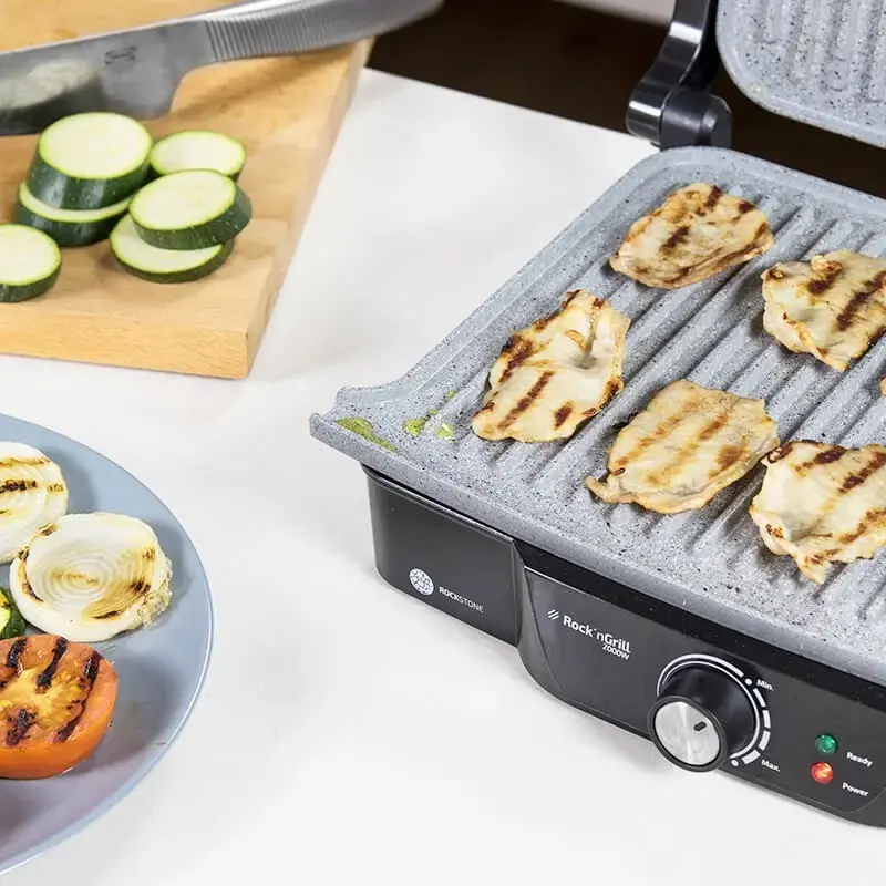 Kontaktgrill CECOTEC Rock'nGrill 2000 — 2000 W, rechteckig, schwarz/Edelstahl, einstellbarer Thermostat, 340×330×130 mm