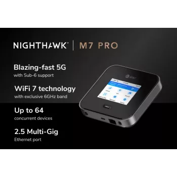 Mobilfunk-Router Netgear Nighthawk M7 Pro – Tri-Band Wi‑Fi 2,4/5/6 GHz, 5G Sub6, LTE, Gigabit-Ethernet, USB-C, tragbar, schwarz
