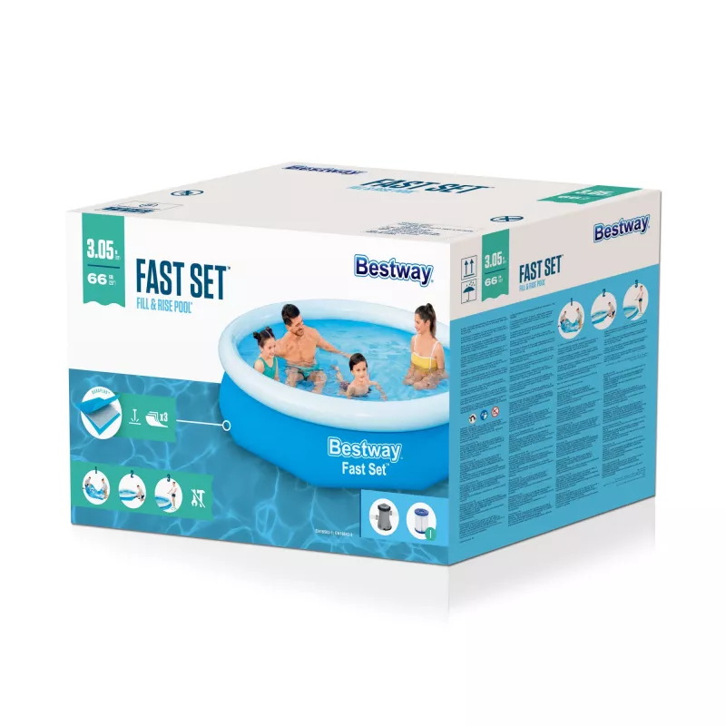 Bestway Fast Set Rund Aufblasbarer Pool-Set 3,05 m x 66 cm, 3200 L, Aufblasbarer Pool, Kind & Erwachsener, Blau, Weiß, 9,26 kg