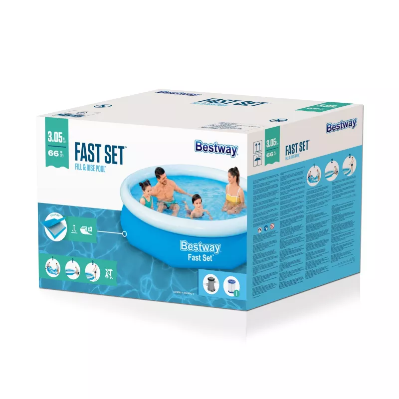 Bestway Fast Set Rund Aufblasbarer Pool-Set 3,05 m x 66 cm, 3200 L, Aufblasbarer Pool, Kind & Erwachsener, Blau, Weiß, 9,26 kg
