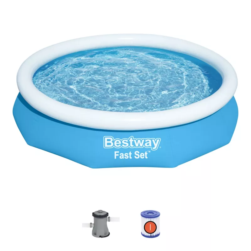 Bestway Fast Set Rund Aufblasbarer Pool-Set 3,05 m x 66 cm, 3200 L, Aufblasbarer Pool, Kind & Erwachsener, Blau, Weiß, 9,26 kg