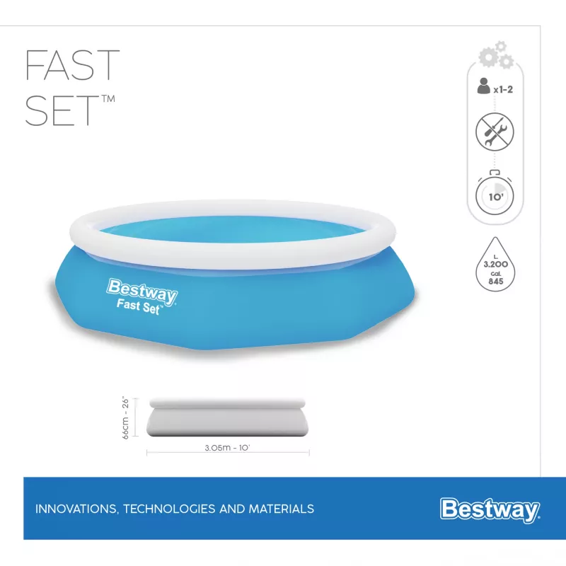Bestway Fast Set Rund Aufblasbarer Pool-Set 3,05 m x 66 cm, 3200 L, Aufblasbarer Pool, Kind & Erwachsener, Blau, Weiß, 9,26 kg