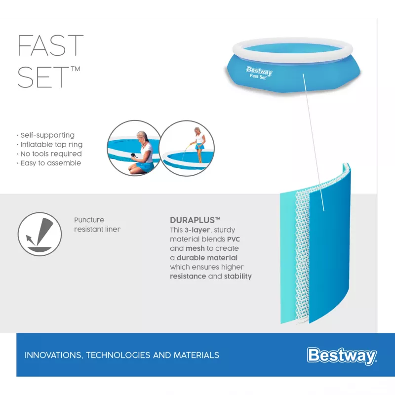 Bestway Fast Set Rund Aufblasbarer Pool-Set 3,05 m x 66 cm, 3200 L, Aufblasbarer Pool, Kind & Erwachsener, Blau, Weiß, 9,26 kg