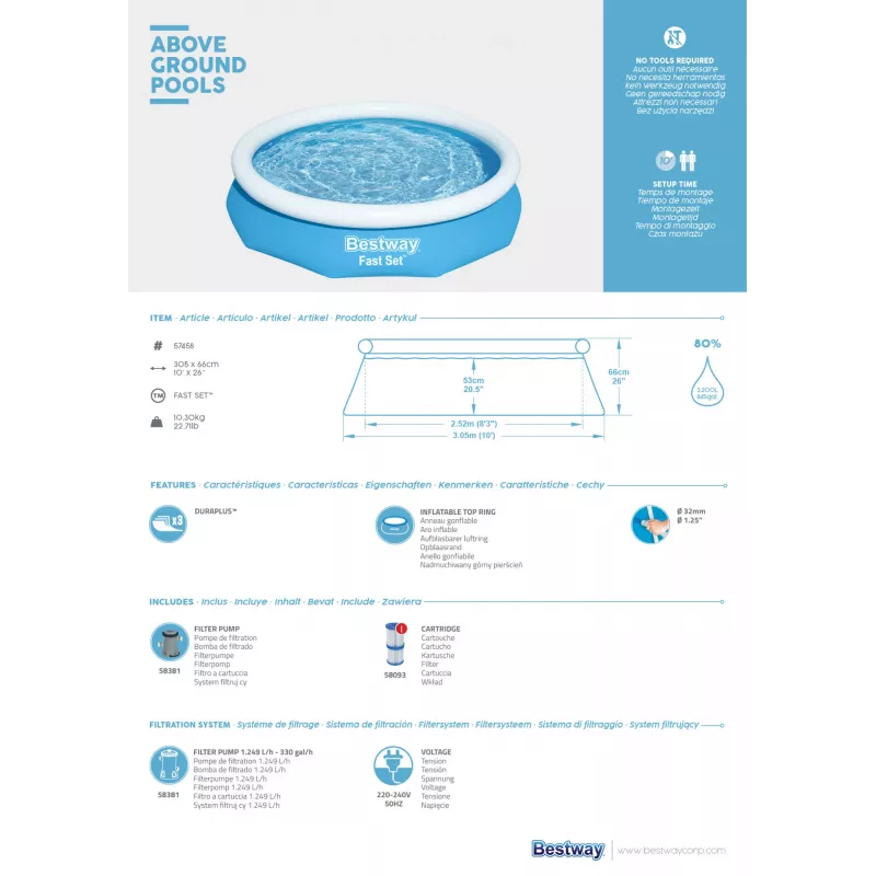 Bestway Fast Set Rund Aufblasbarer Pool-Set 3,05 m x 66 cm, 3200 L, Aufblasbarer Pool, Kind & Erwachsener, Blau, Weiß, 9,26 kg