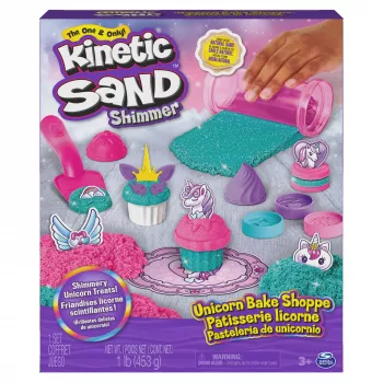 Kinetic Sand Shimmer, Einhorn-Bäckerei-Spielset, 16 oz (Schimmer-Türkis und Pink Neon), 8 Einhorn-Werkzeuge, sensorisches Spielzeug für Kinder ab 3 Jahren