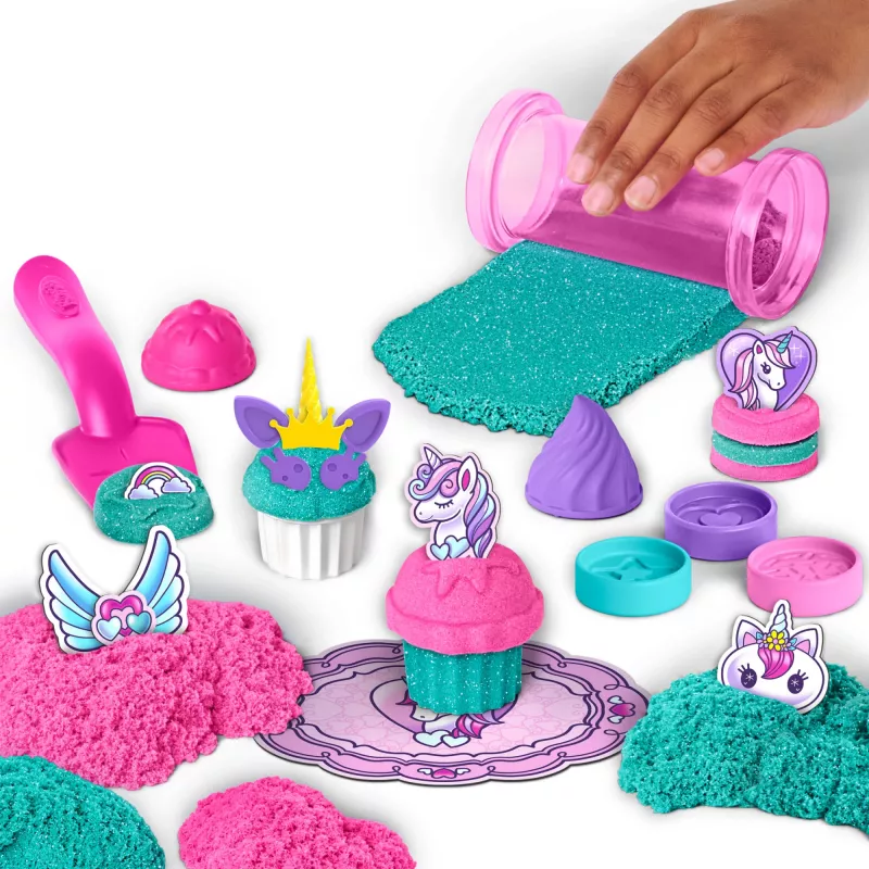 Kinetic Sand Shimmer, Einhorn-Bäckerei-Spielset, 16 oz (Schimmer-Türkis und Pink Neon), 8 Einhorn-Werkzeuge, sensorisches Spielzeug für Kinder ab 3 Jahren