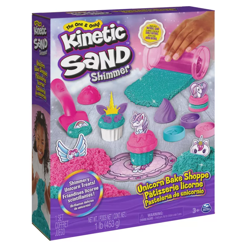 Kinetic Sand Shimmer, Einhorn-Bäckerei-Spielset, 16 oz (Schimmer-Türkis und Pink Neon), 8 Einhorn-Werkzeuge, sensorisches Spielzeug für Kinder ab 3 Jahren