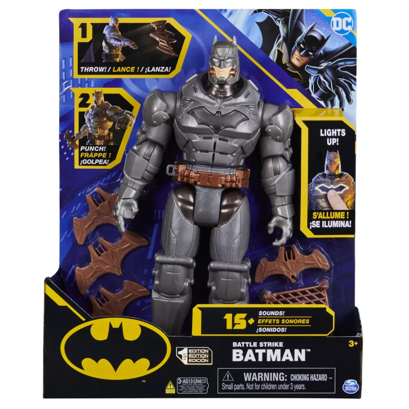 DC Comics , Battle Strike Batman 12-Zoll-Actionfigur, 5 Zubehörteile, 20+ Geräusche, Sammler-Kinderspielzeug für Jungen und Mädchen ab 3 Jahren