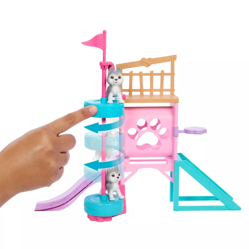 Barbie and Stacie to the Rescue Welpenspielplatz-Spielset mit Puppe, 3 Hundenachbildungen & Zubehör