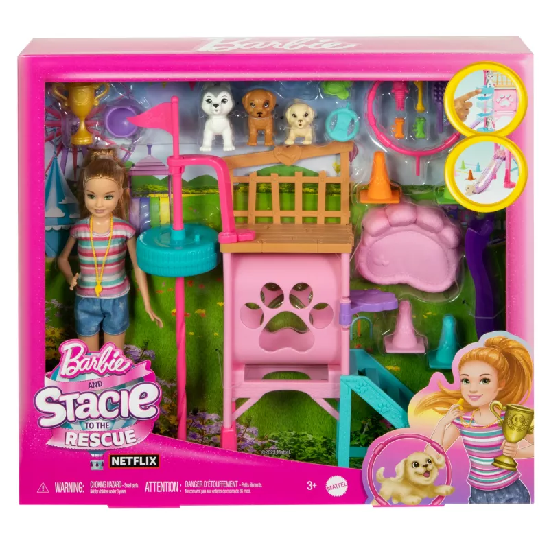 Barbie and Stacie to the Rescue Welpenspielplatz-Spielset mit Puppe, 3 Hundenachbildungen & Zubehör