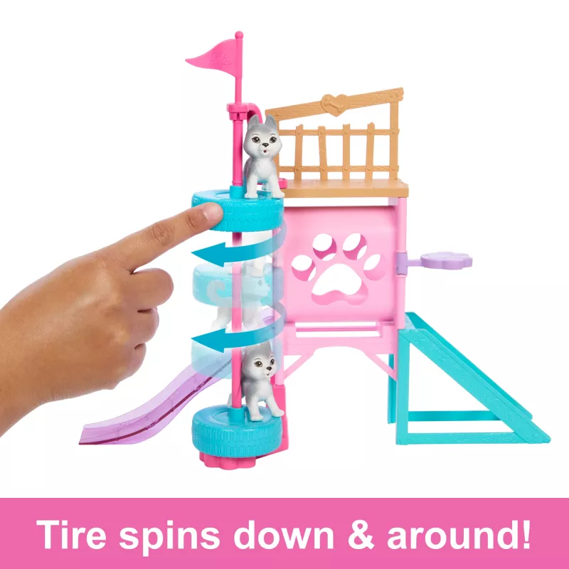 Barbie and Stacie to the Rescue Welpenspielplatz-Spielset mit Puppe, 3 Hundenachbildungen & Zubehör