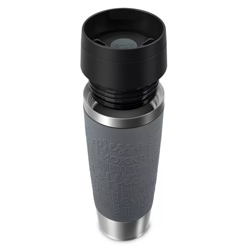 Reisebecher EMSA Classic Grande 500 ml — Grau Edelstahl, Silikonabdeckung, Polypropylendeckel, Ø 8,3 cm × 240 mm