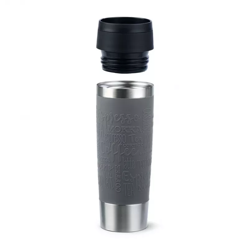 Reisebecher EMSA Classic Grande 500 ml — Grau Edelstahl, Silikonabdeckung, Polypropylendeckel, Ø 8,3 cm × 240 mm