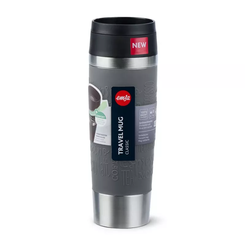 Reisebecher EMSA Classic Grande 500 ml — Grau Edelstahl, Silikonabdeckung, Polypropylendeckel, Ø 8,3 cm × 240 mm