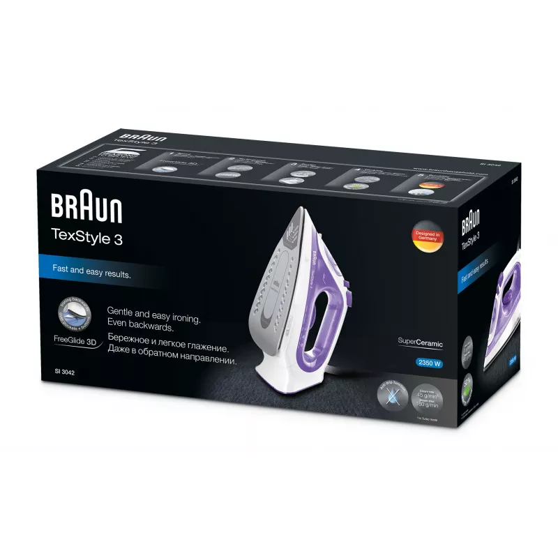 Braun TexStyle 3 SI3042VI Dampfbügeleisen Keramiksohle 2350 W Lila, Silber, Weiß