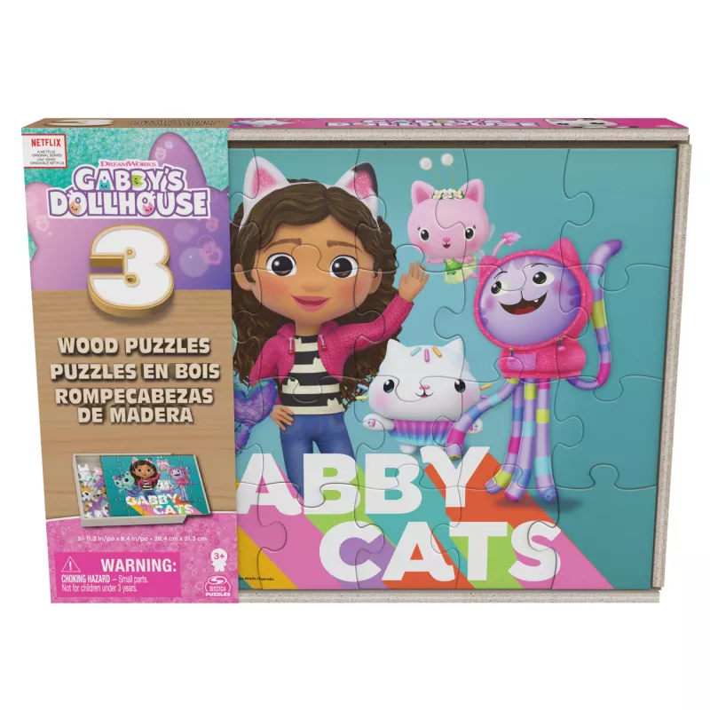 Games Gabby’s Dollhouse, 3 Holzpuzzles 24-teilige Puzzle mit Holzaufbewahrungsbox Kinderpuzzle, für Vorschulkinder ab 3 Jahren