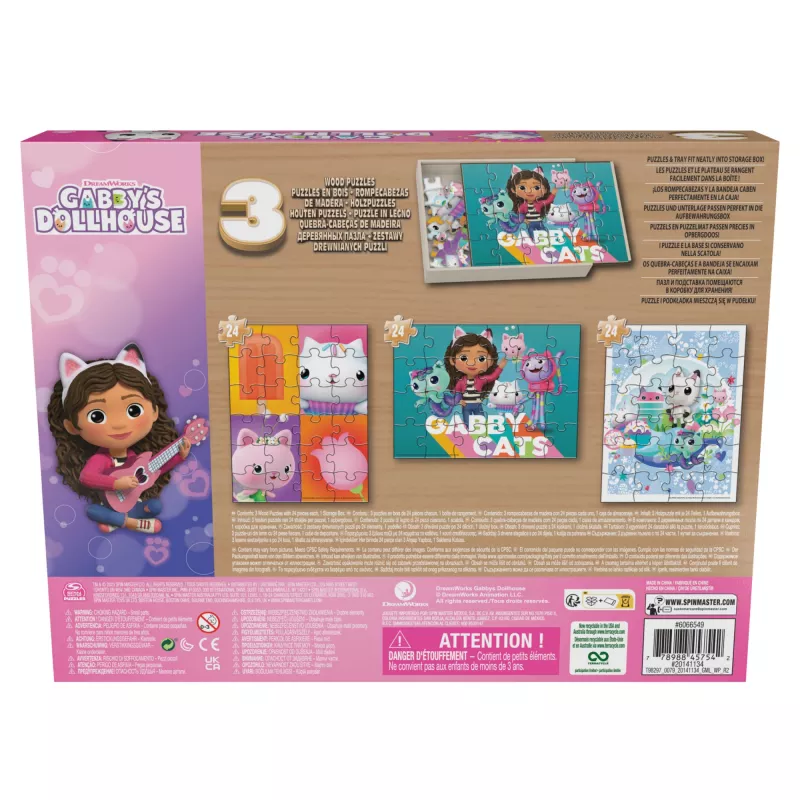 Games Gabby’s Dollhouse, 3 Holzpuzzles 24-teilige Puzzle mit Holzaufbewahrungsbox Kinderpuzzle, für Vorschulkinder ab 3 Jahren