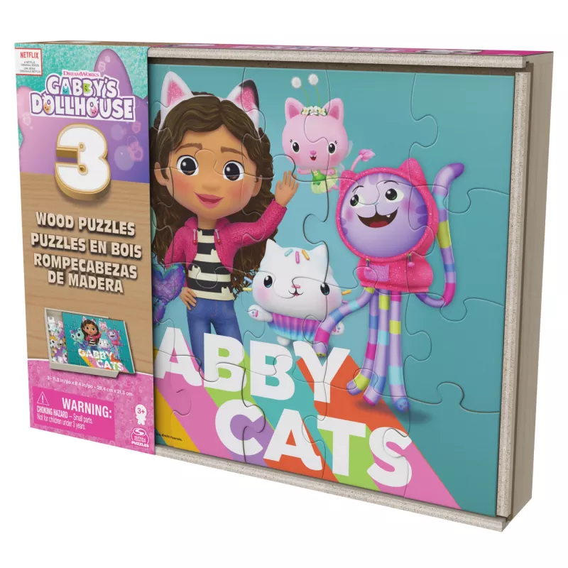 Games Gabby’s Dollhouse, 3 Holzpuzzles 24-teilige Puzzle mit Holzaufbewahrungsbox Kinderpuzzle, für Vorschulkinder ab 3 Jahren