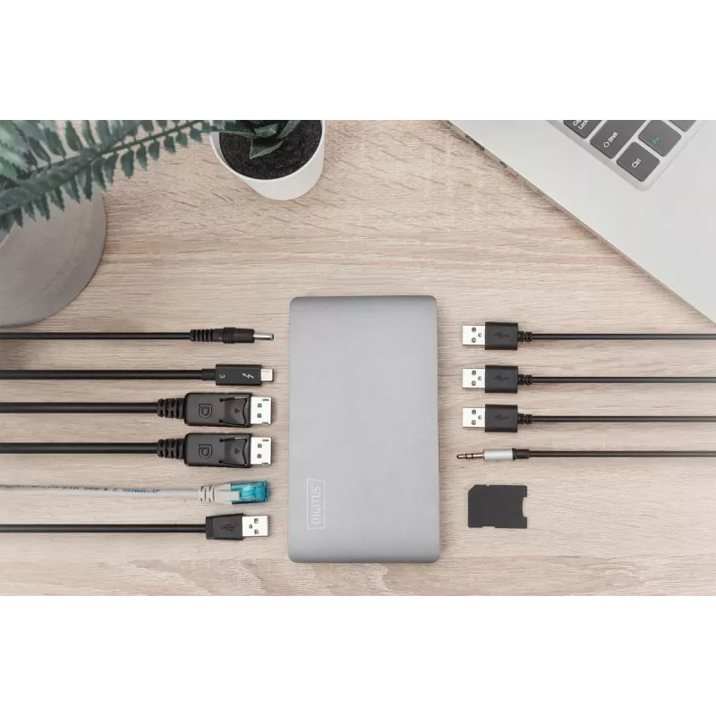 DIGITUS Dockingstation USB-C – 2x USB Typ-C / 2x USB 3.0 10 Gbit/s / USB 3.0 5 Gbit/s / 2x DP / GbE / Micro-SD / SD / 3,5 mm – 60 W USB Power Delivery