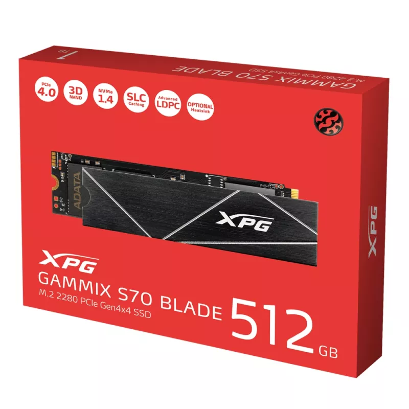 SSD M.2 512 GB ADATA XPG GAMMIX S70 BLADE — PCIe 4.0 NVMe, Lesen 7400 MB/s, Schreiben 2600 MB/s