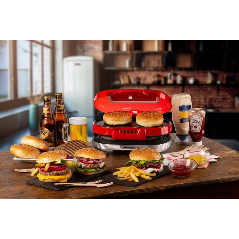 Ariete 205 Hamburger Maker Party Time, Hamburger-Maschine, 1200 W, doppelte antihaftbeschichtete Platten, 2 Fächer, leicht zu reinigen, Rot