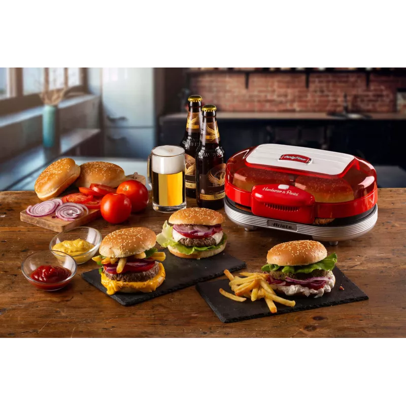Ariete 205 Hamburger Maker Party Time, Hamburger-Maschine, 1200 W, doppelte antihaftbeschichtete Platten, 2 Fächer, leicht zu reinigen, Rot