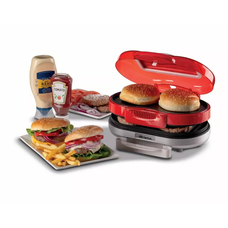 Ariete 205 Hamburger Maker Party Time, Hamburger-Maschine, 1200 W, doppelte antihaftbeschichtete Platten, 2 Fächer, leicht zu reinigen, Rot