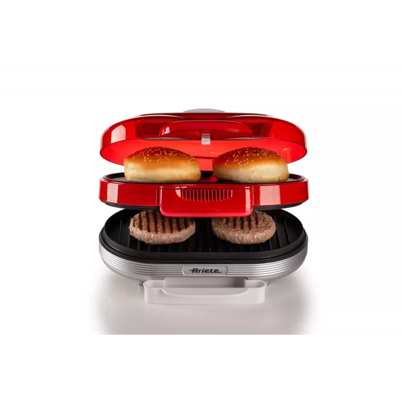 Ariete 205 Hamburger Maker Party Time, Hamburger-Maschine, 1200 W, doppelte antihaftbeschichtete Platten, 2 Fächer, leicht zu reinigen, Rot