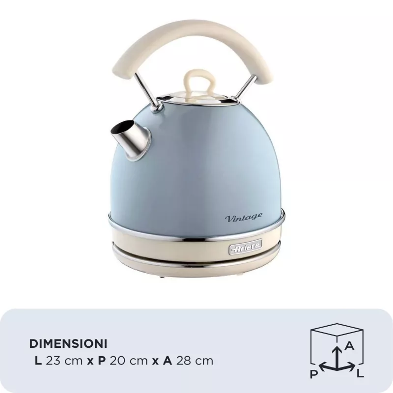 Ariete 2877 Wasserkocher Vintage, 1,7 l, kabellos, Blau, 1,7 l, 2000 W, Hellblau, Wasserstandsanzeige, Kabellos, Filterung