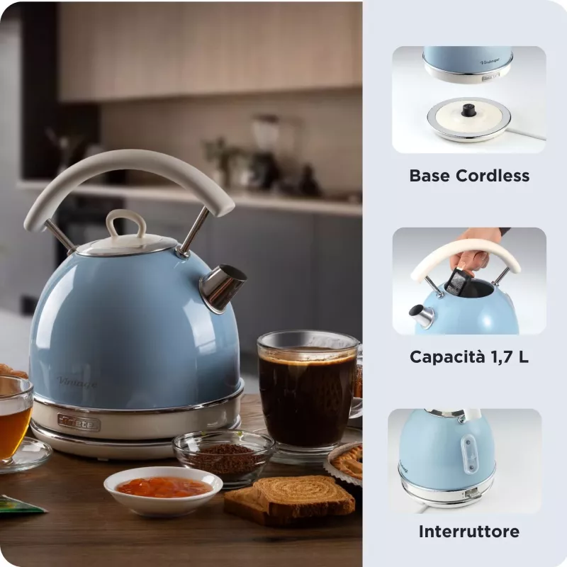 Ariete 2877 Wasserkocher Vintage, 1,7 l, kabellos, Blau, 1,7 l, 2000 W, Hellblau, Wasserstandsanzeige, Kabellos, Filterung
