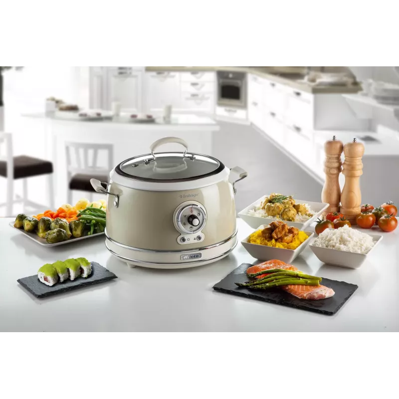 Ariete 2904 Reiskocher – Elektrischer Reiskocher mit Keramikschüssel – Hausgemachtes Sushi – Multikocher – Vintage Line – 3,5 L – 650 W – Beige