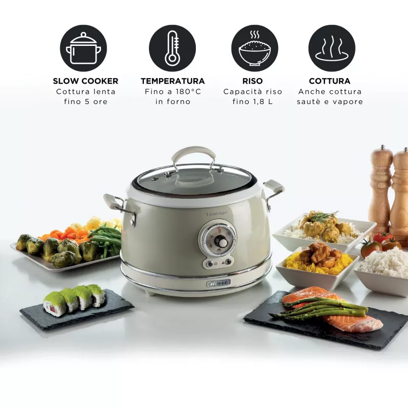 Ariete 2904 Reiskocher – Elektrischer Reiskocher mit Keramikschüssel – Hausgemachtes Sushi – Multikocher – Vintage Line – 3,5 L – 650 W – Beige