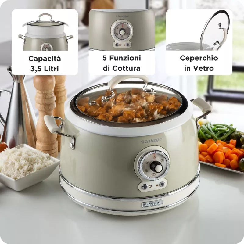 Ariete 2904 Reiskocher – Elektrischer Reiskocher mit Keramikschüssel – Hausgemachtes Sushi – Multikocher – Vintage Line – 3,5 L – 650 W – Beige
