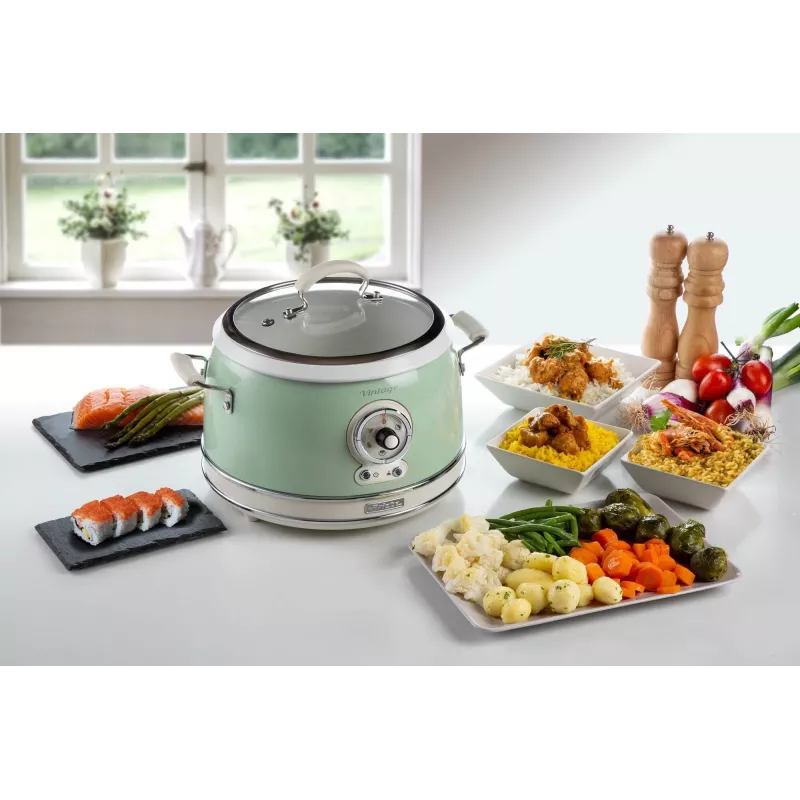 Ariete 2904 Reiskocher – Elektrischer Reiskocher mit Keramikschüssel – Selbstgemachtes Sushi – Multikocher – Vintage Line – 3,5 L – 650 W – Grün
