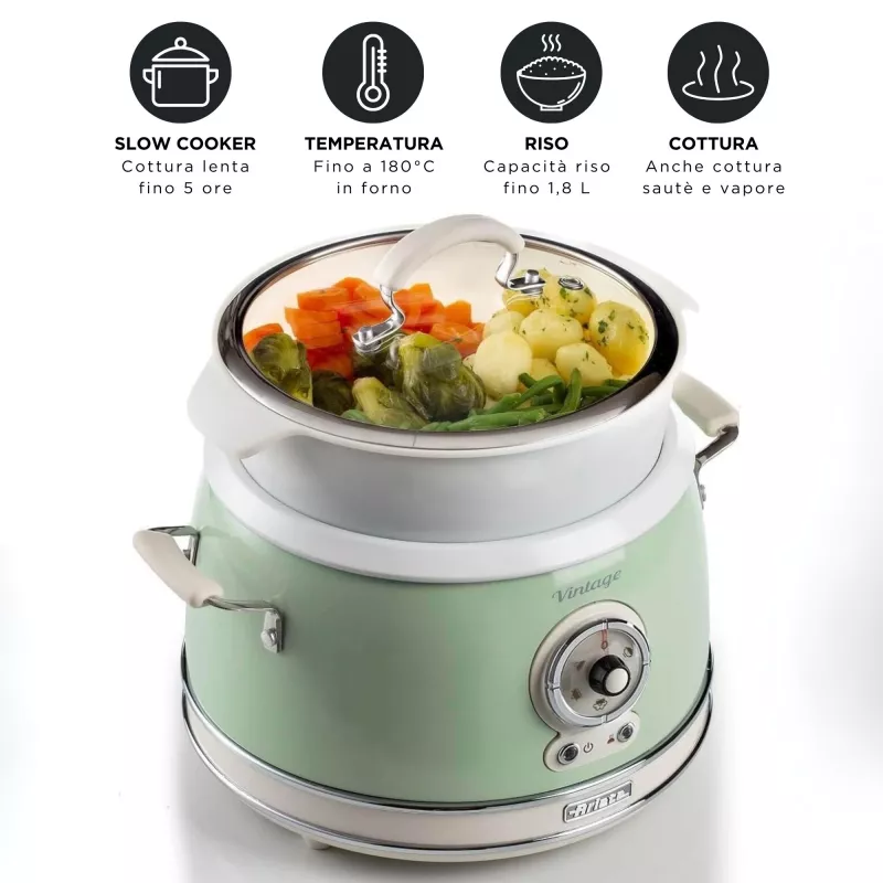 Ariete 2904 Reiskocher – Elektrischer Reiskocher mit Keramikschüssel – Selbstgemachtes Sushi – Multikocher – Vintage Line – 3,5 L – 650 W – Grün