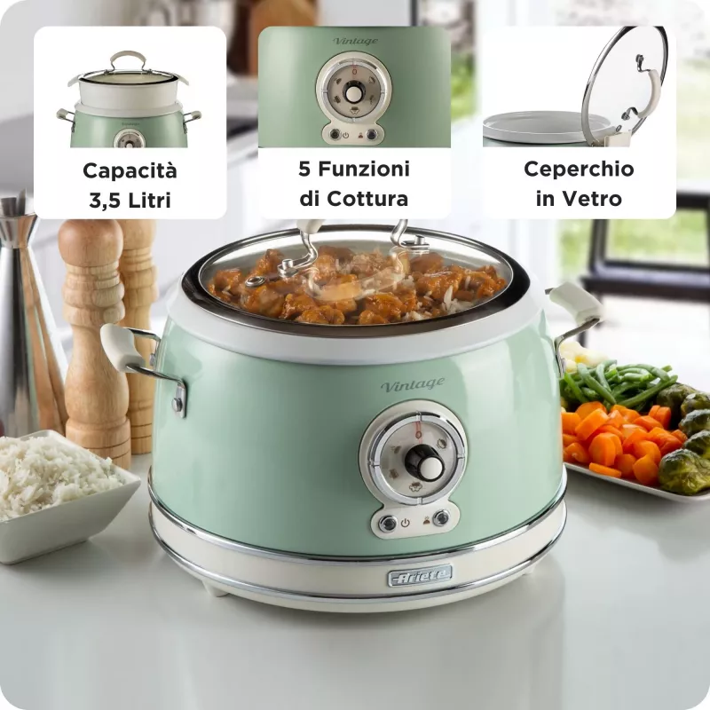 Ariete 2904 Reiskocher – Elektrischer Reiskocher mit Keramikschüssel – Selbstgemachtes Sushi – Multikocher – Vintage Line – 3,5 L – 650 W – Grün