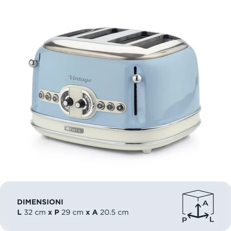 Ariete 156 4-Scheiben Vintage Toaster, 1600 Watt, 6 Bräunungsstufen, Edelstahl lackiert in Pastellblau, ohne Sandwich-Körbe. Blau