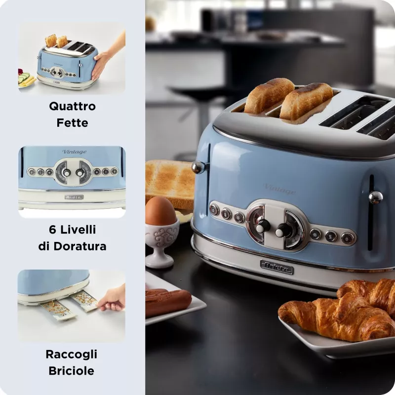 Ariete 156 4-Scheiben Vintage Toaster, 1600 Watt, 6 Bräunungsstufen, Edelstahl lackiert in Pastellblau, ohne Sandwich-Körbe. Blau