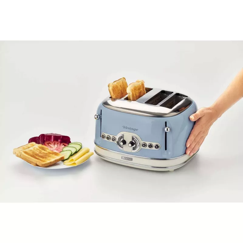 Ariete 156 4-Scheiben Vintage Toaster, 1600 Watt, 6 Bräunungsstufen, Edelstahl lackiert in Pastellblau, ohne Sandwich-Körbe. Blau