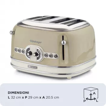 Ariete 156 4-Scheiben Vintage Toaster, 1600 Watt, 6 Bräunungsstufen, Edelstahl lackiert in Pastellbeige, ohne Sandwich-Zangen