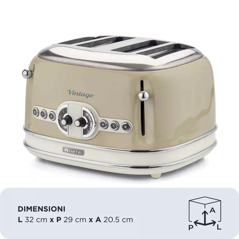 Ariete 156 4-Scheiben Vintage Toaster, 1600 Watt, 6 Bräunungsstufen, Edelstahl lackiert in Pastellbeige, ohne Sandwich-Zangen