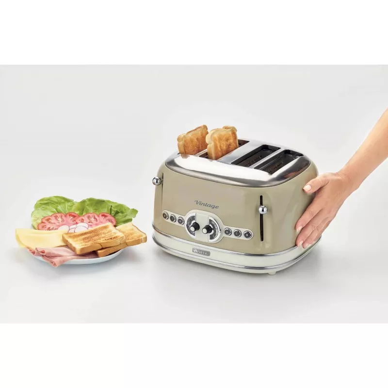 Ariete 156 4-Scheiben Vintage Toaster, 1600 Watt, 6 Bräunungsstufen, Edelstahl lackiert in Pastellbeige, ohne Sandwich-Zangen