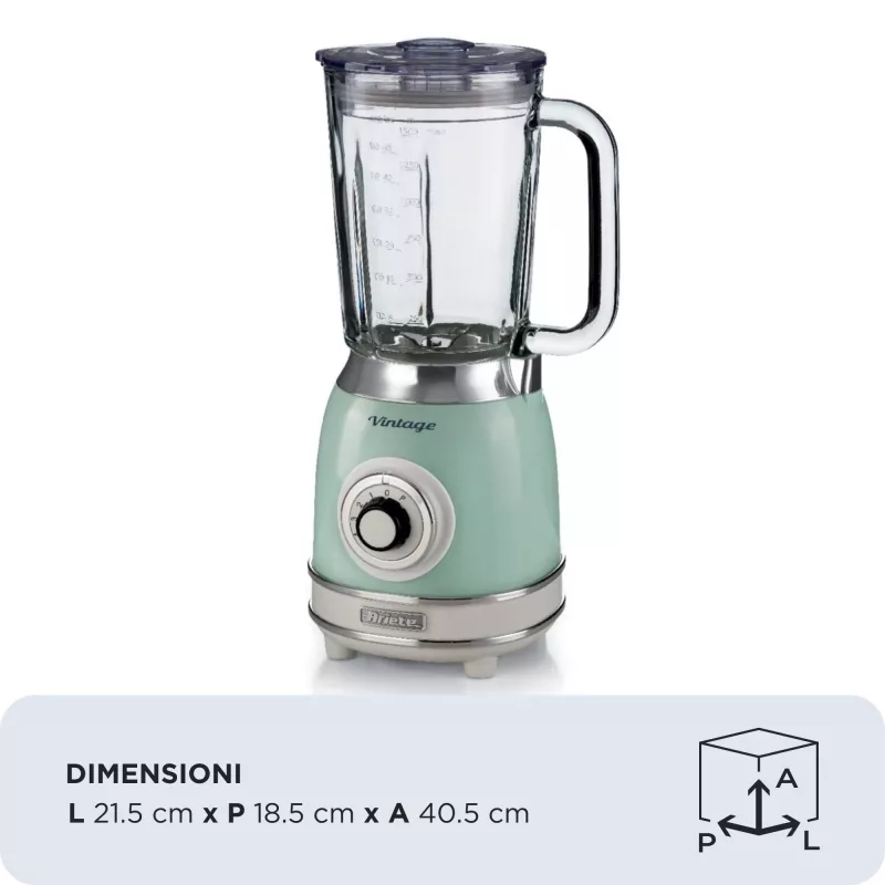 Ariete 583, Vintage-Mixer mit 1,5-Liter-Glaskrug, 4 Edelstahlklingen, 4 Geschwindigkeiten + Pulse, 1000 Watt, Grün