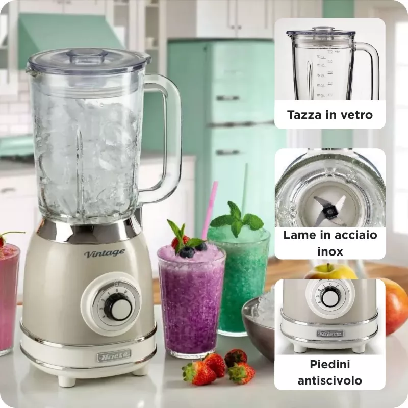Ariete 583, Vintage Blender mit 1,5 Liter Glaskrug, 4 Edelstahlmesser, 4 Geschwindigkeiten + Puls, 1000 Watt, Beige