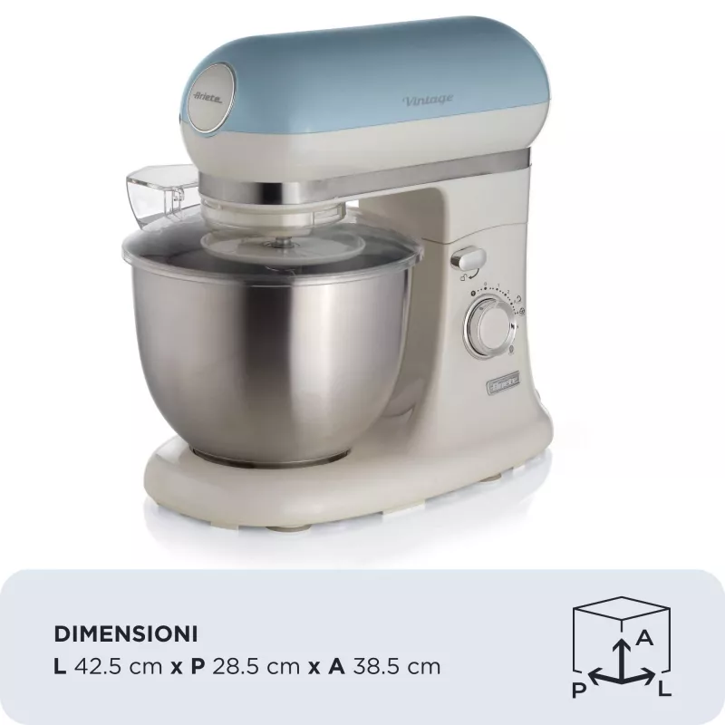 Ariete 1588 Vintage Mixer, Planetenrührer für Brot, Pizza, Kuchen und Gebäck, 5,5 l Fassungsvermögen, 7 Geschwindigkeiten, 2400 Watt, Pastellblau