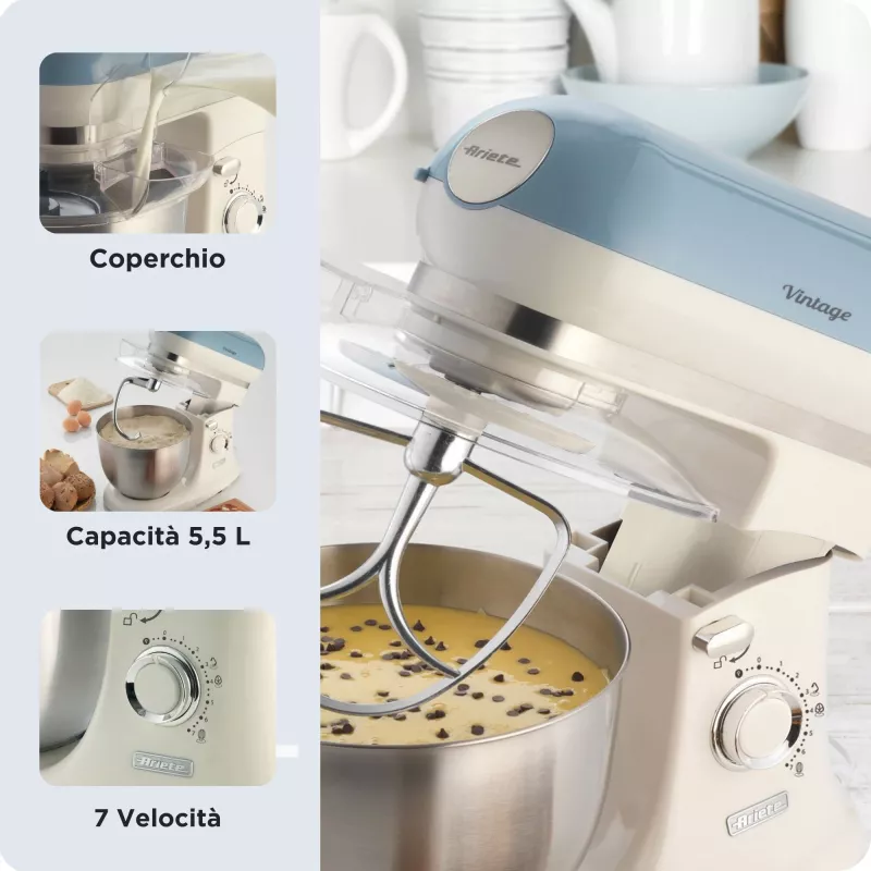 Ariete 1588 Vintage Mixer, Planetenrührer für Brot, Pizza, Kuchen und Gebäck, 5,5 l Fassungsvermögen, 7 Geschwindigkeiten, 2400 Watt, Pastellblau